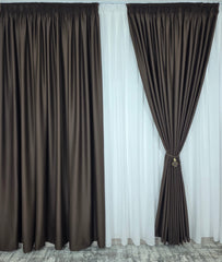 Colectia Blackout Varianta Btn12 Perdea Alba Voal Premium Jorjet si Draperie Maro Blackout 90-95% pentru Living si Dormitor in Nuante Crem, Bej si Lemn Natur