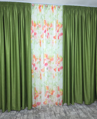 Superpret*Ideal pentru living si dormitor cu pat sau canapea verde olive, pereti albi si mobilier alb sau lemn natur - Set Primavara in Verde: Perdea din Voal cu Model Floral si Draperie Soft Verde Olive - confectionat pe comanda