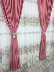 Set Jardin: Perdea Din Voal Cu Model Floral Si Draperie Soft Roz Semi-Opaca