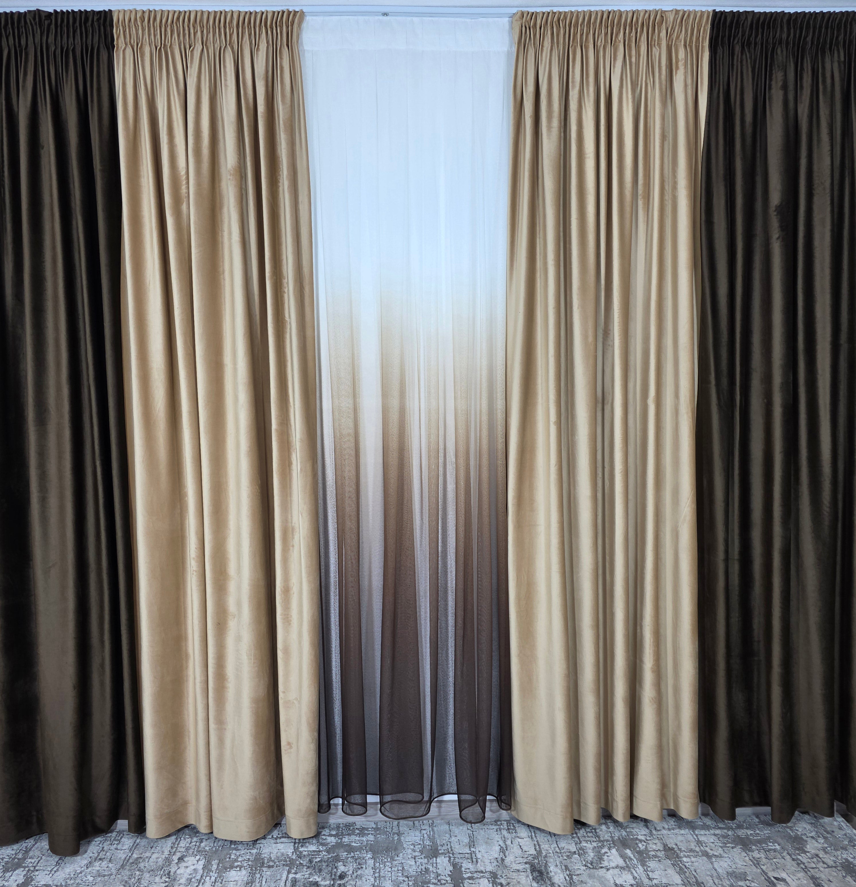Set Selina: perdea bamboo degrade maro și draperie catifea in 2 culori blackout 90%