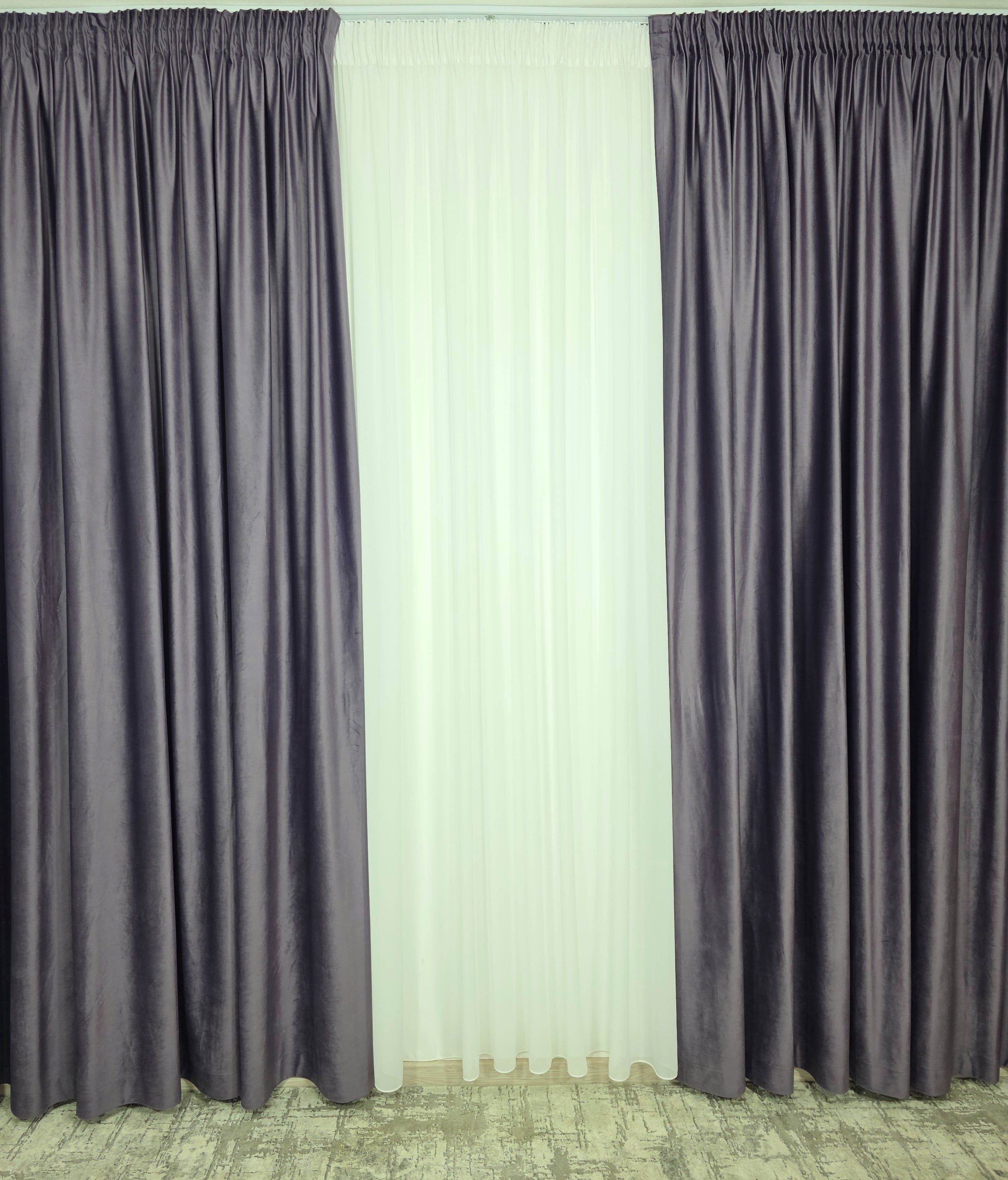 Set Barni: Perdea Voal Alb Premium Si Draperie Catifea Mov