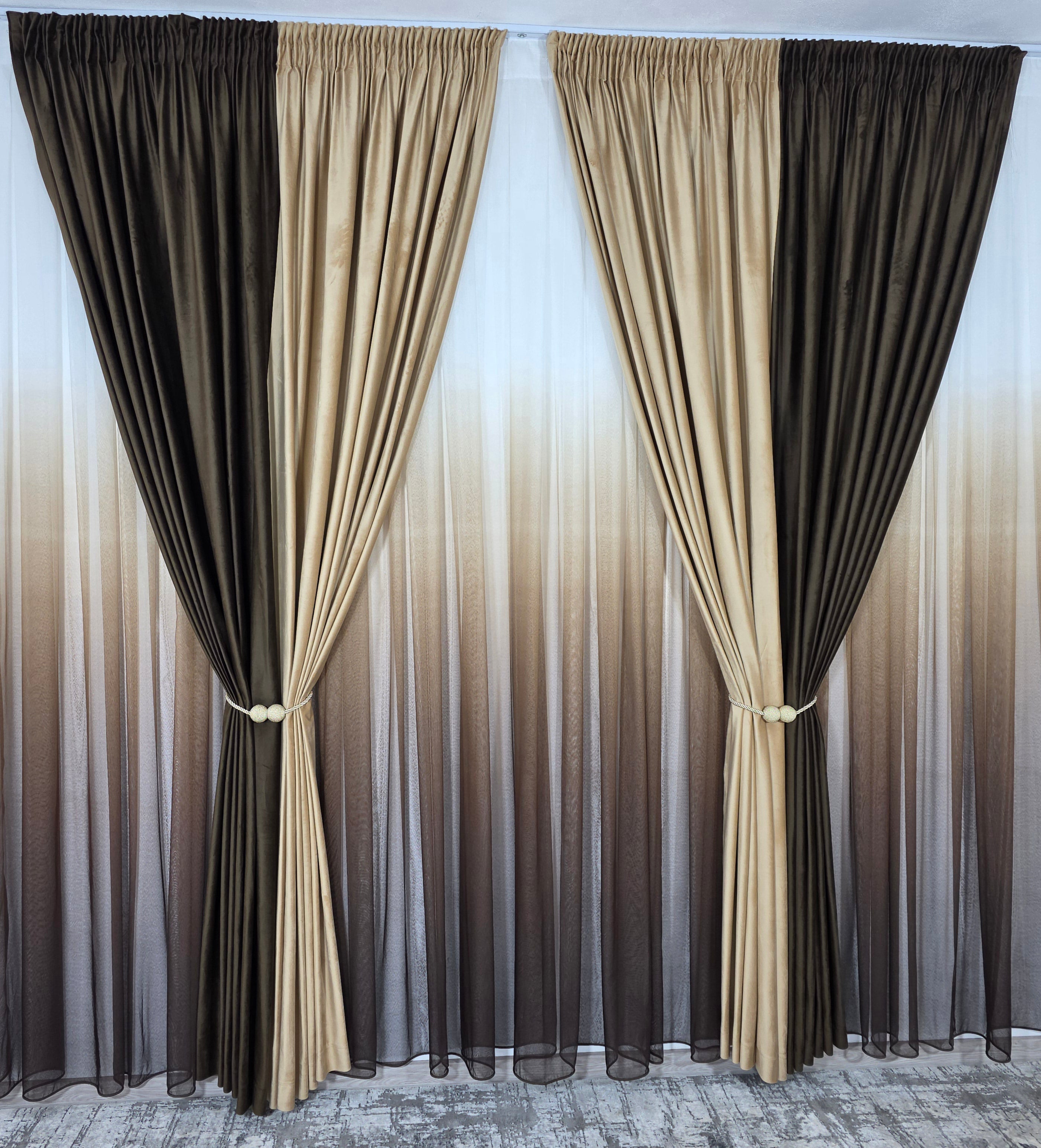 Set Selina: perdea bamboo degrade maro și draperie catifea in 2 culori blackout 90%