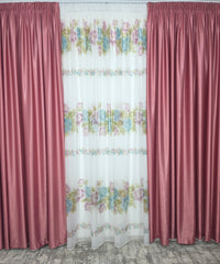 Set Jardin: Perdea Din Voal Cu Model Floral Si Draperie Soft Roz Semi-Opaca