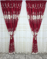 Set Sonia: Perdea Tul Cu Broderie Crem Si Draperie Catifea 3D Cu Broderie Rosie