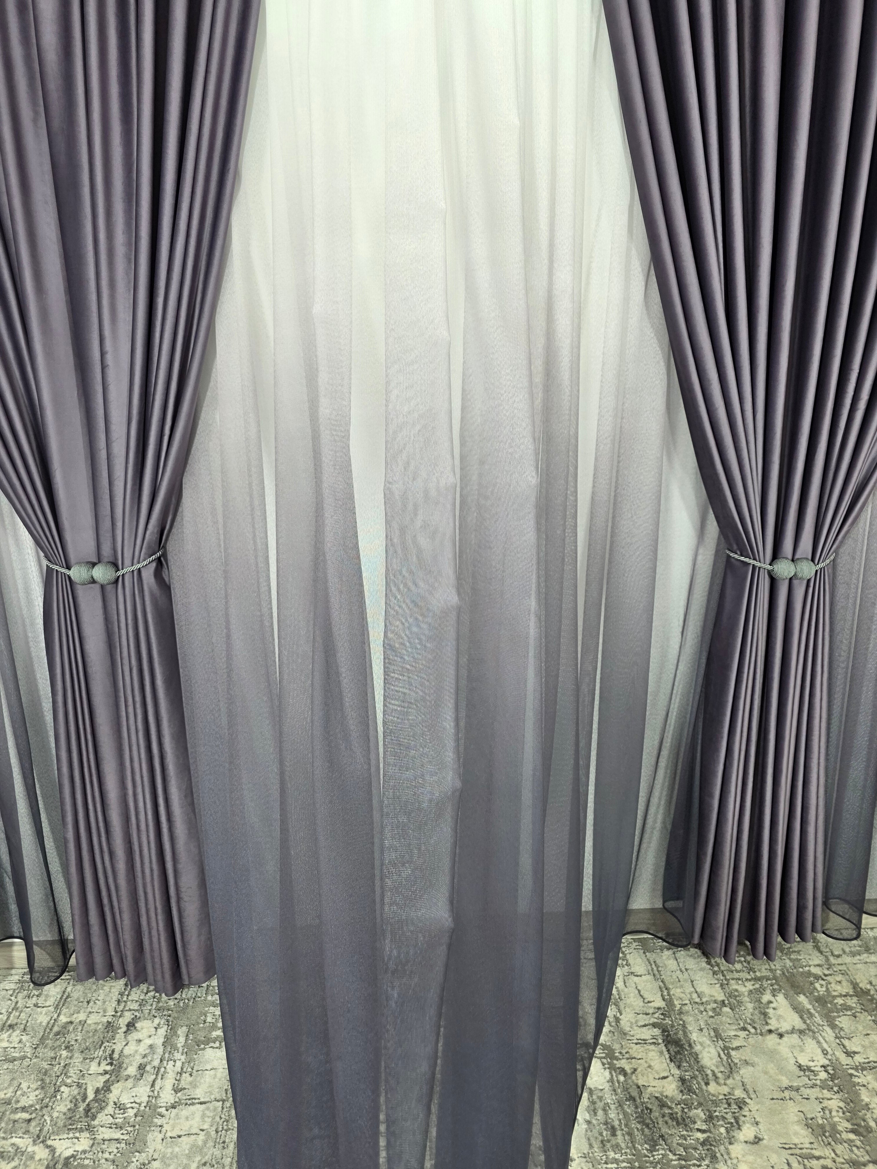 Set Rebeca: perdea bamboo degrade gri mov si draperie catifea mov blackout 98%