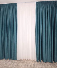 Set Amalfi: Perdea Voal Premium Si Draperie Catifea Verde-Turcoaz
