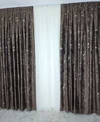 Colectia Majestic: Perdea Crem Din Borangic Cu Sidef Auriu Si Draperie Catifea Maro Cu Insertii
