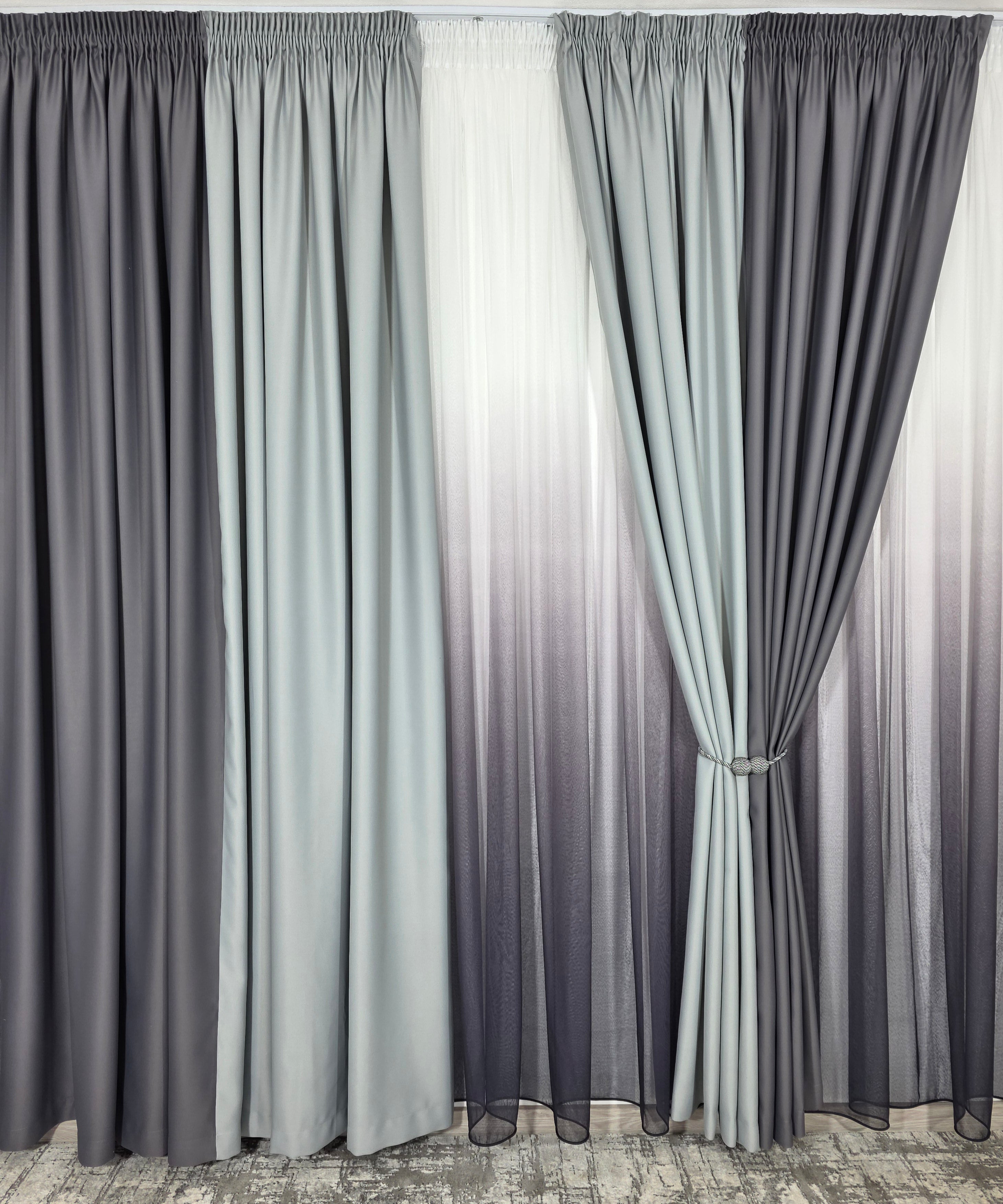 Set Ken: perdea bamboo degrade gri mov si draperie in 2 culori, nuante de gri blackout 98%
