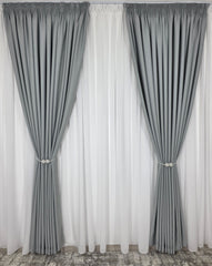 Colectia Blackout: Perdea Matase Alba Si Draperie Gri Cenusiu Blackout 80%