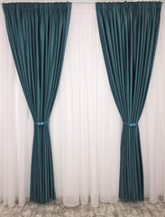Set Daniela: Perdea Sable Alba plina ca textura Si Draperie Catifea Verde-Turcoaz