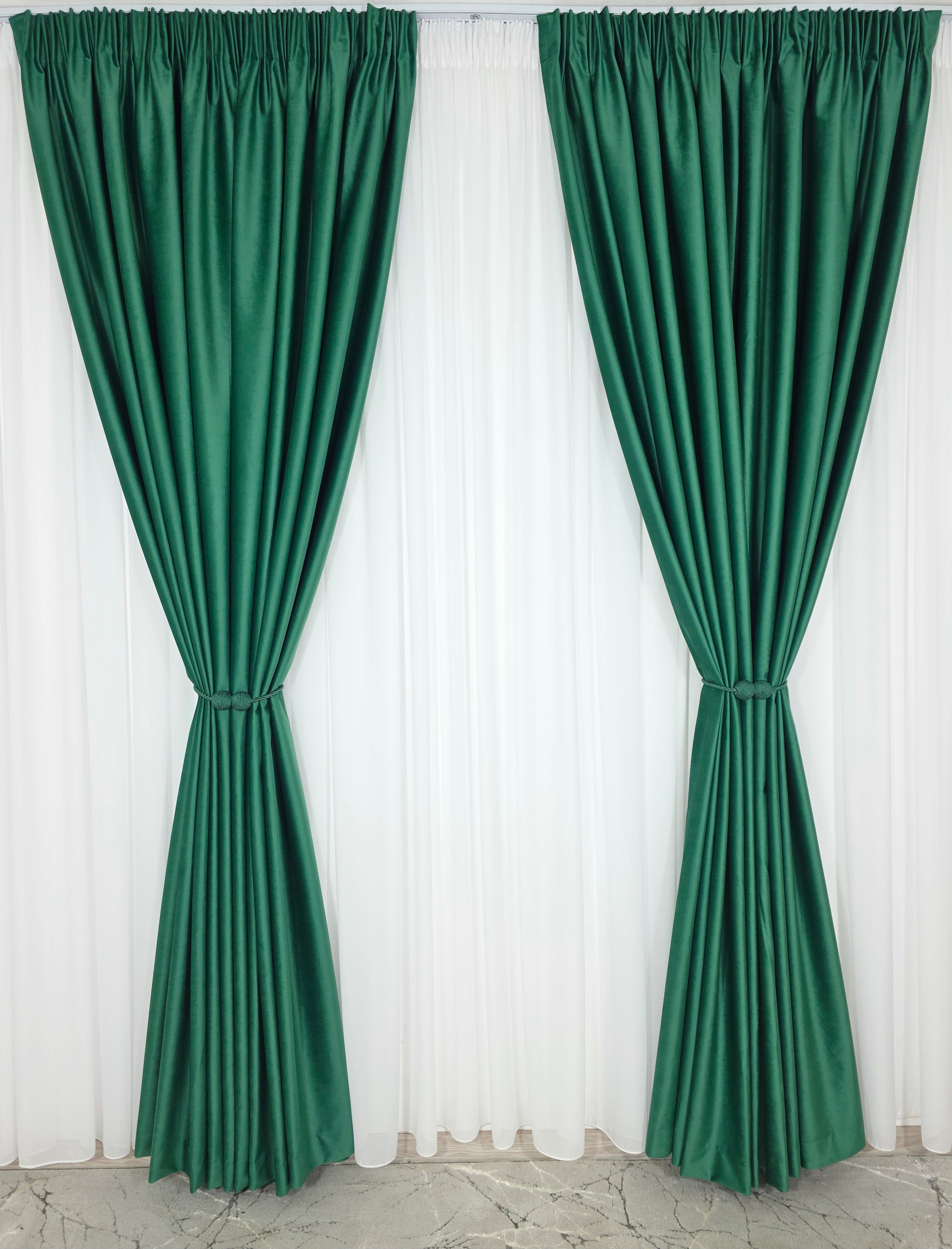 Set Premium: Perdea Matase Alba și Draperie Verde Smarald Catifea Garantat Opacă Blackout 100%