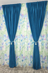 Set Val de Azur: Perdea Din Voal Cu Model Floral Si Draperie Catifea Turcoaz