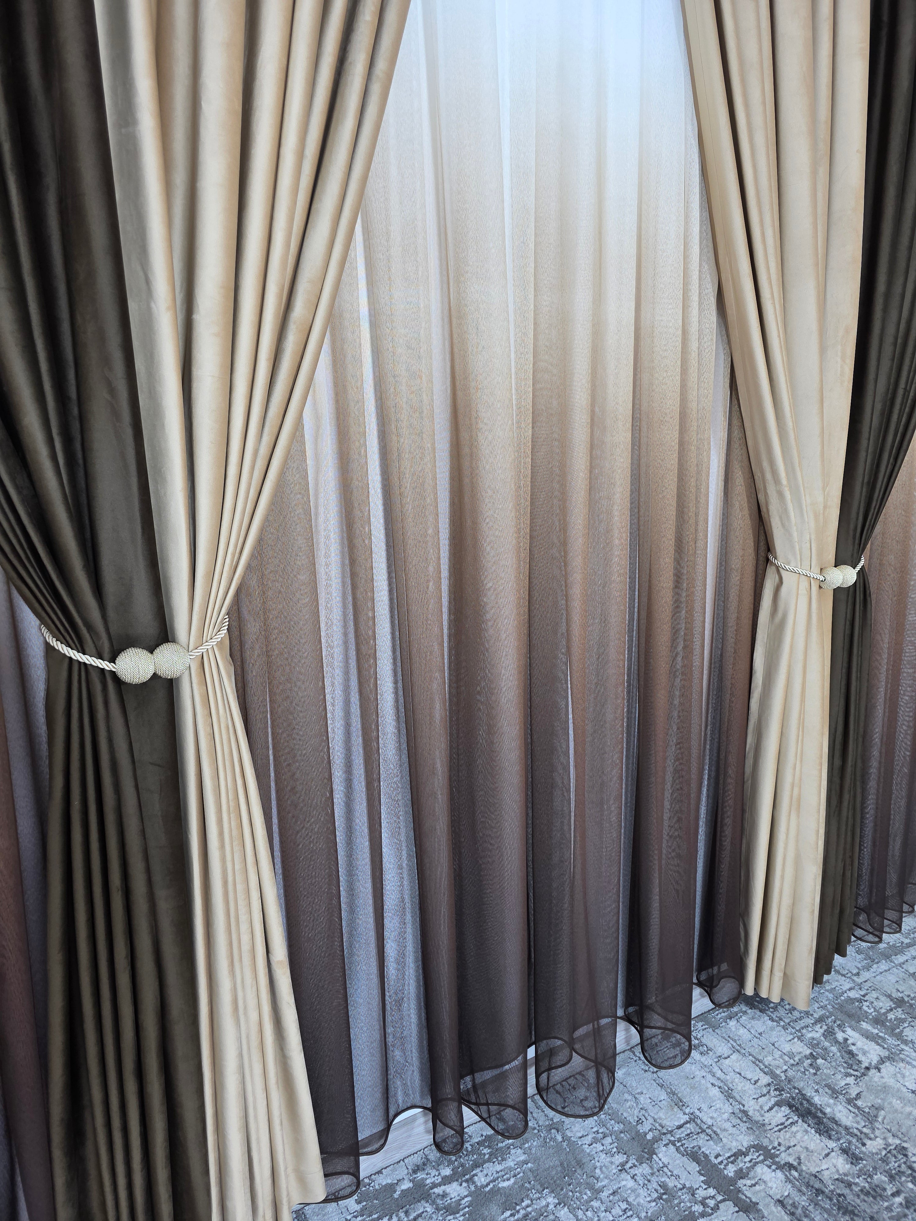 Set Selina: perdea bamboo degrade maro și draperie catifea in 2 culori blackout 90%