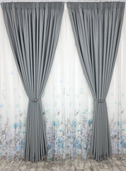 Set Argint Nordic: Perdea Din Voal Cu Model Floral Si Draperie Gri Blackout 90%