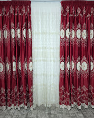 Set Sonia: Perdea Tul Cu Broderie Crem Si Draperie Catifea 3D Cu Broderie Rosie