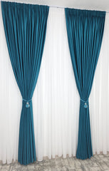 Set Giulia: Perdea Voal Alb Simplu Si Draperie Catifea Turcoaz Blackout 90%