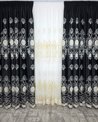 Set Linea: perdea din tul cu broderie crem 3D si draperie din catifea neagra 3D