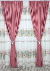 Set Jardin: Perdea Din Voal Cu Model Floral Si Draperie Soft Roz Semi-Opaca