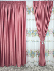 Set Jardin: Perdea Din Voal Cu Model Floral Si Draperie Soft Roz Semi-Opaca