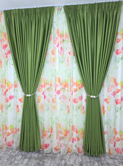 Set Primăvară în Verde: Perdea Din Voal Cu Model Floral Si Draperie Soft Verde Olive Semi-Opaca