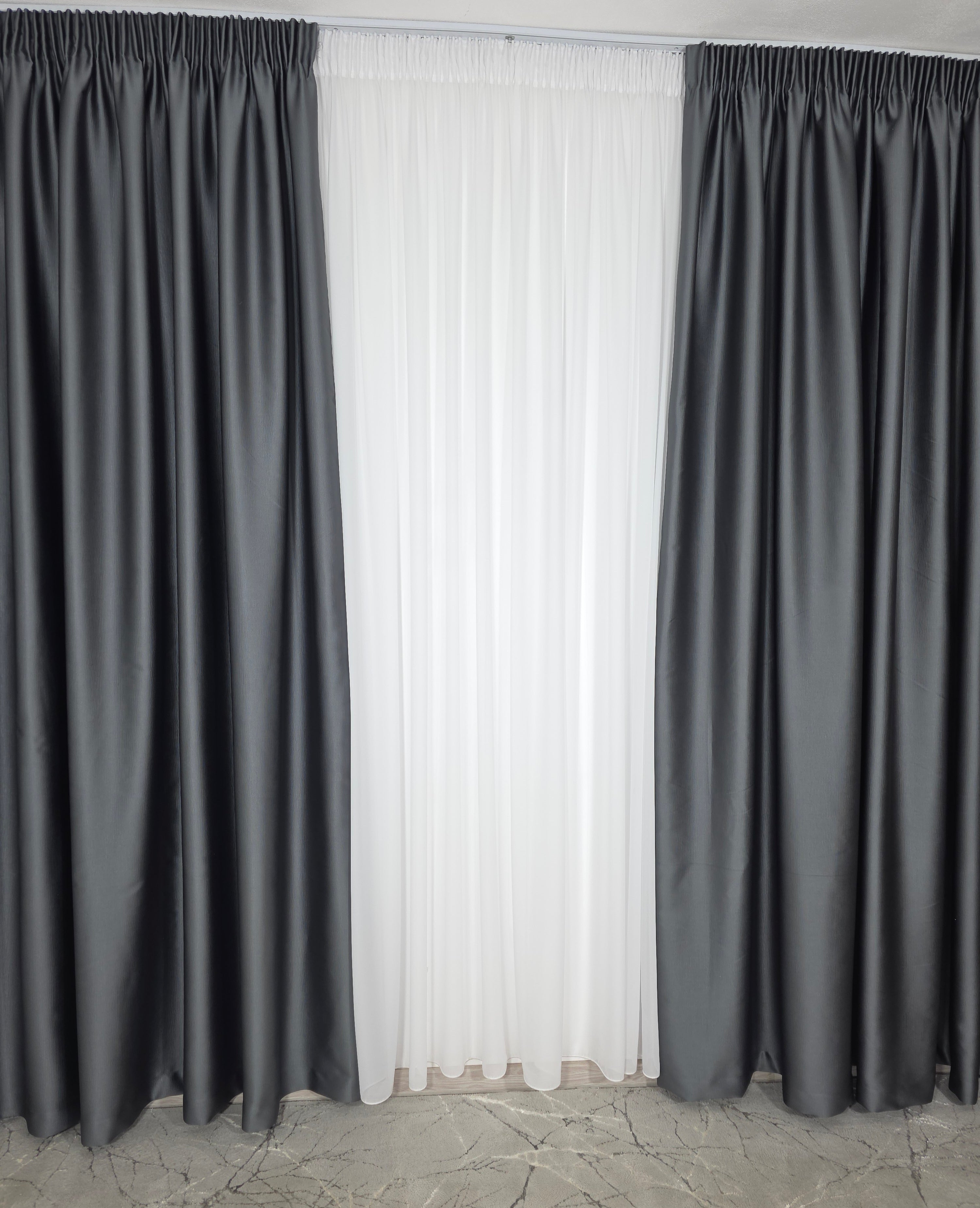 Colectia Noapte-Zi: Perdea voal alb premium si Draperie Paris blackout 100% opaca pe culoarea gri inchis