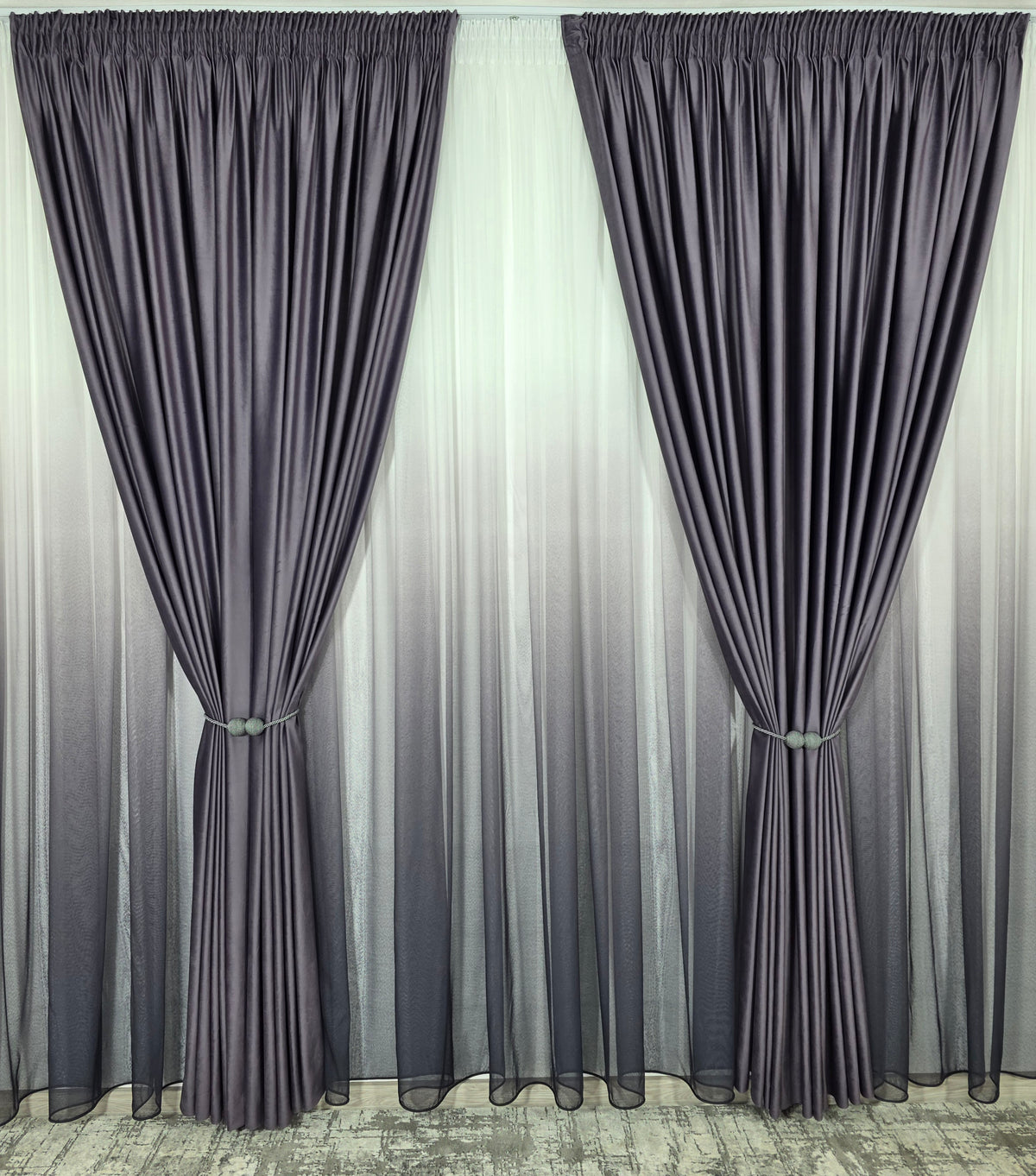 Set Rebeca: perdea bamboo degrade gri mov si draperie catifea mov blackout 98%