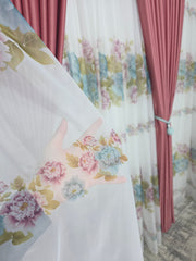 Set Jardin: Perdea Din Voal Cu Model Floral Si Draperie Soft Roz Semi-Opaca