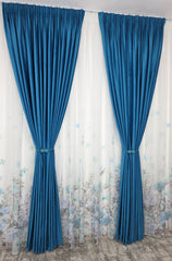 Set Laguna de Safir: Perdea Din Voal Cu Model Floral Si Draperie Catifea Turcoaz Azur