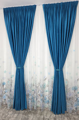 Set Laguna de Safir: Perdea Din Voal Cu Model Floral Si Draperie Catifea Turcoaz Azur