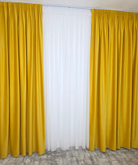 Set Ramona: Perdea Alba Simpla Voal Si Draperie Catifea Galbena