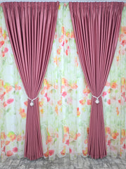 Set Petal Roz: Perdea Din Voal Cu Model Floral Si Draperie Soft Roz Semi-Opaca
