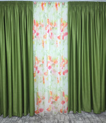 Set Primăvară în Verde: Perdea Din Voal Cu Model Floral Si Draperie Soft Verde Olive Semi-Opaca
