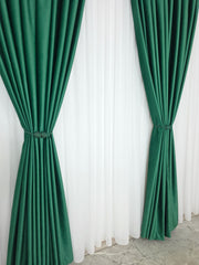 Set Premium: Perdea Matase Alba și Draperie Verde Smarald Catifea Garantat Opacă Blackout 100%