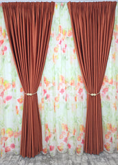Set Petale in Cupru: Perdea Din Voal Cu Model Floral Si Draperie Catifea Caramiziu