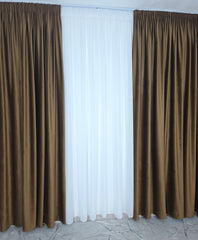 Set Diva:Recomandat pentru Camere in Nuante de Maro, Bej, Crem si Alb - Perdea Voal Alb si Draperie Catifea Maro pentru Living si Dormitor - Confectionat pe Comanda