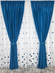Set Liana: perdea alba din in cu buline turcoaz cu draperie catifea turcoaz