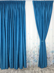 Set Laguna de Safir: Perdea Din Voal Cu Model Floral Si Draperie Catifea Turcoaz Azur