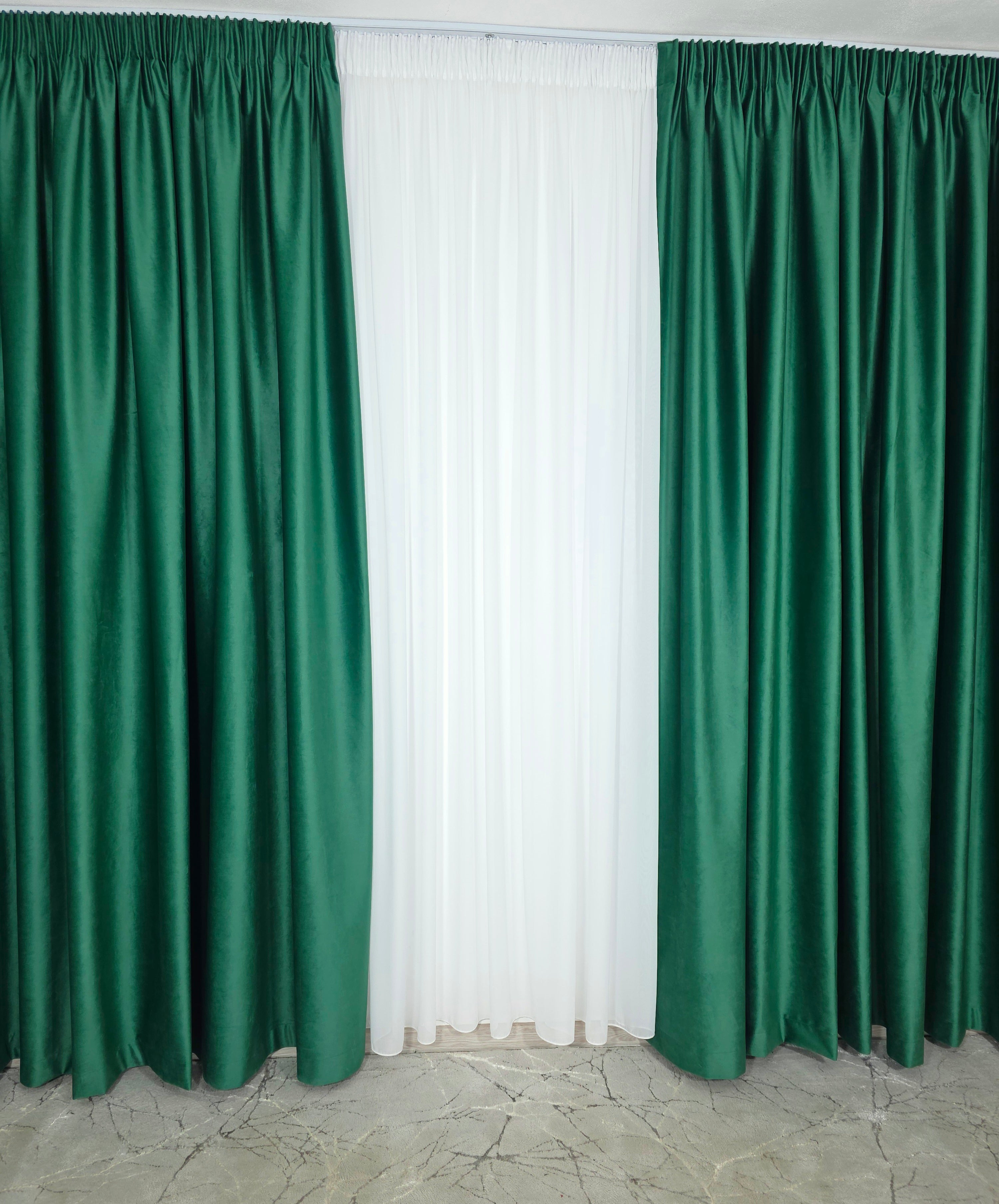 Set Premium: Perdea Matase Alba și Draperie Verde Smarald Catifea Garantat Opacă Blackout 100%