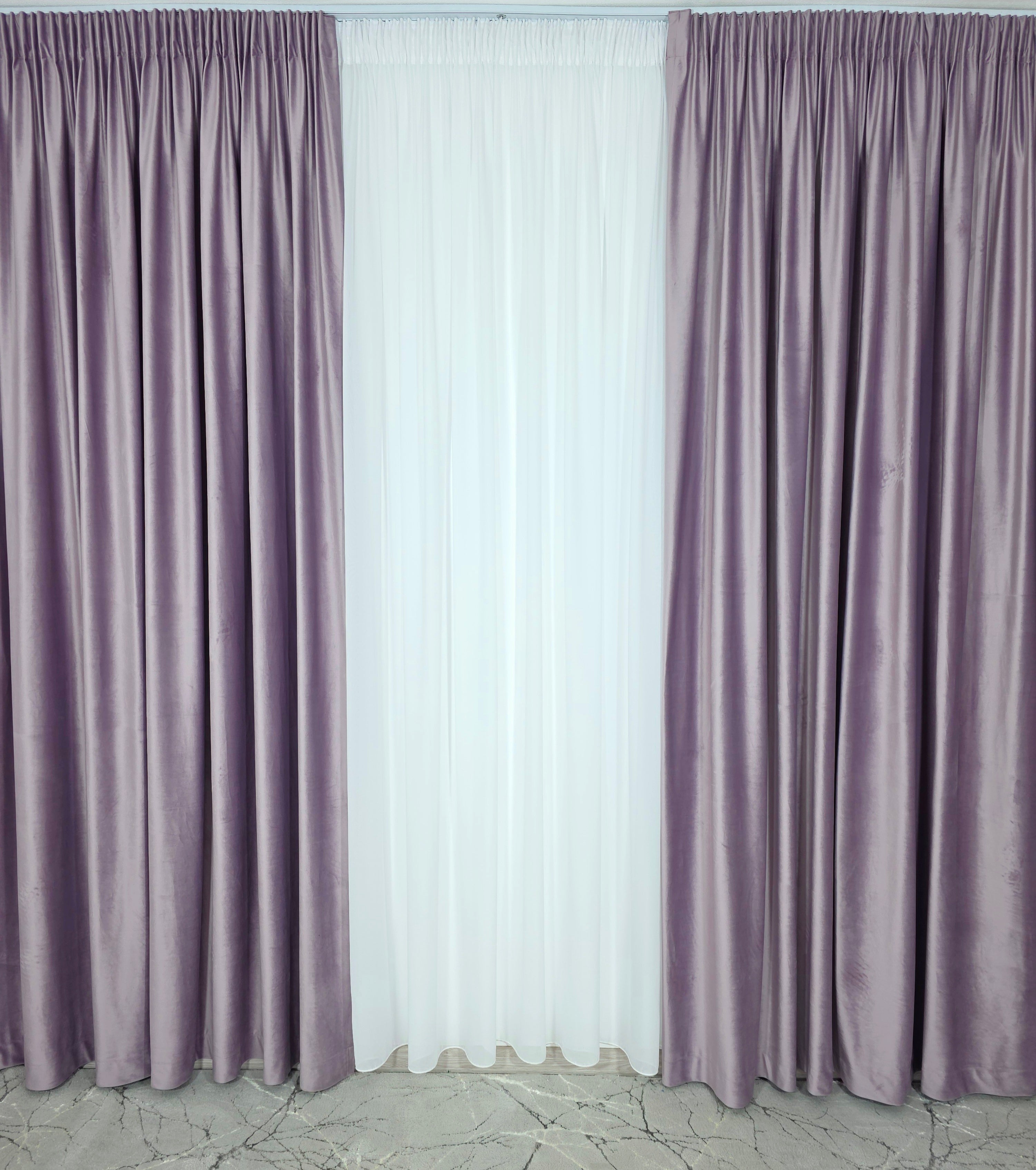Set Suzana: Perdea Albă Din Voal Si Draperie Catifea Mov Lila