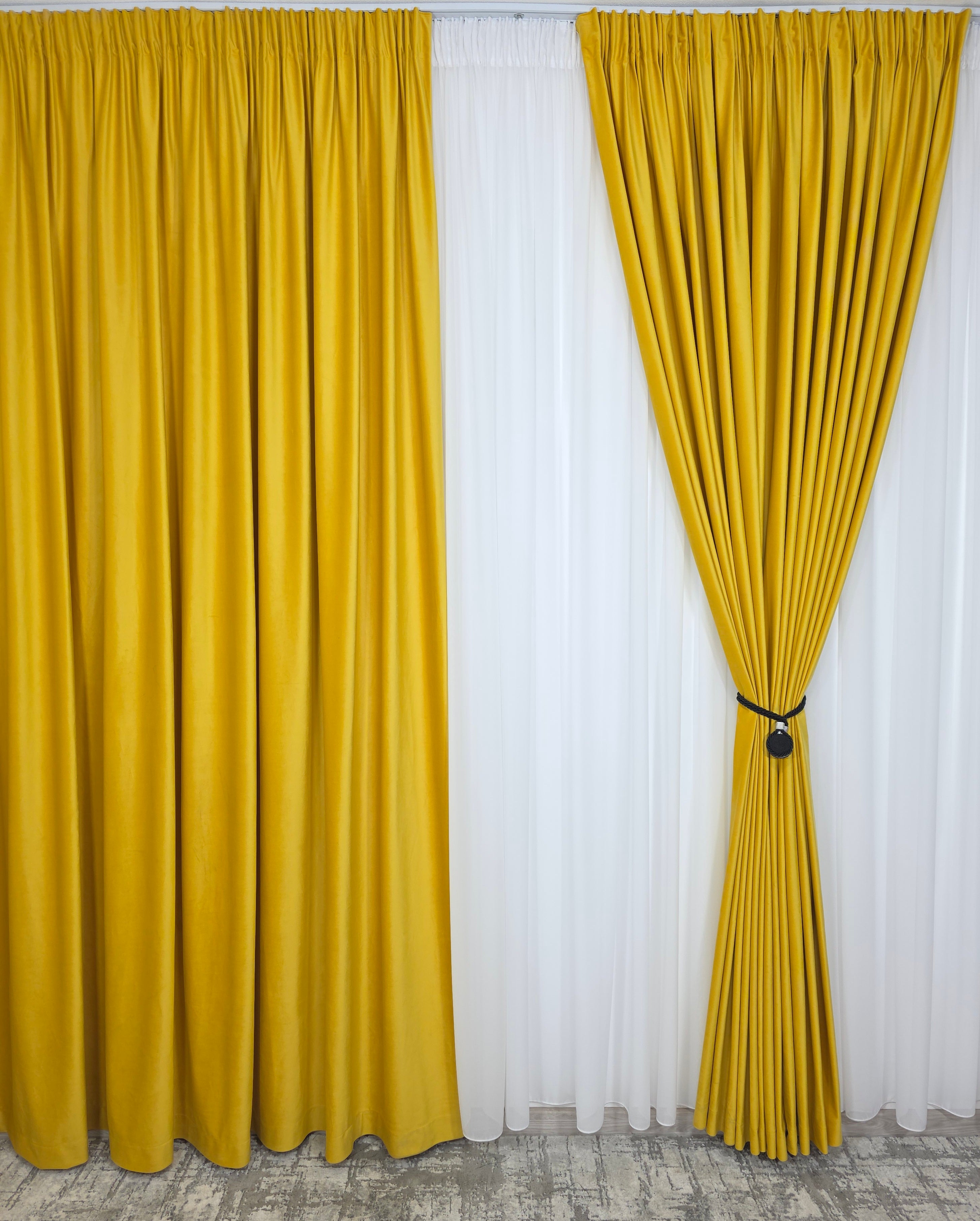 Set Renata: Perdea Voal Premium Si Draperie Catifea Galben
