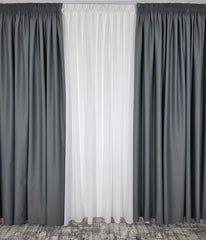 Colectia Blackout: Perdea Matase Alba Si Draperie Gri Mediu Blackout 98%