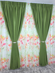 Superpret*Ideal pentru living si dormitor cu pat sau canapea verde olive, pereti albi si mobilier alb sau lemn natur - Set Primavara in Verde: Perdea din Voal cu Model Floral si Draperie Soft Verde Olive - confectionat pe comanda