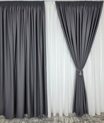 Colectia Blackout Varianta 777 Perdea Alba Voal Premium Jorjet si Draperie Gri Inchis Blackout 90-95% pentru Living si Dormitor in Nuante Alb, Gri si Antracit