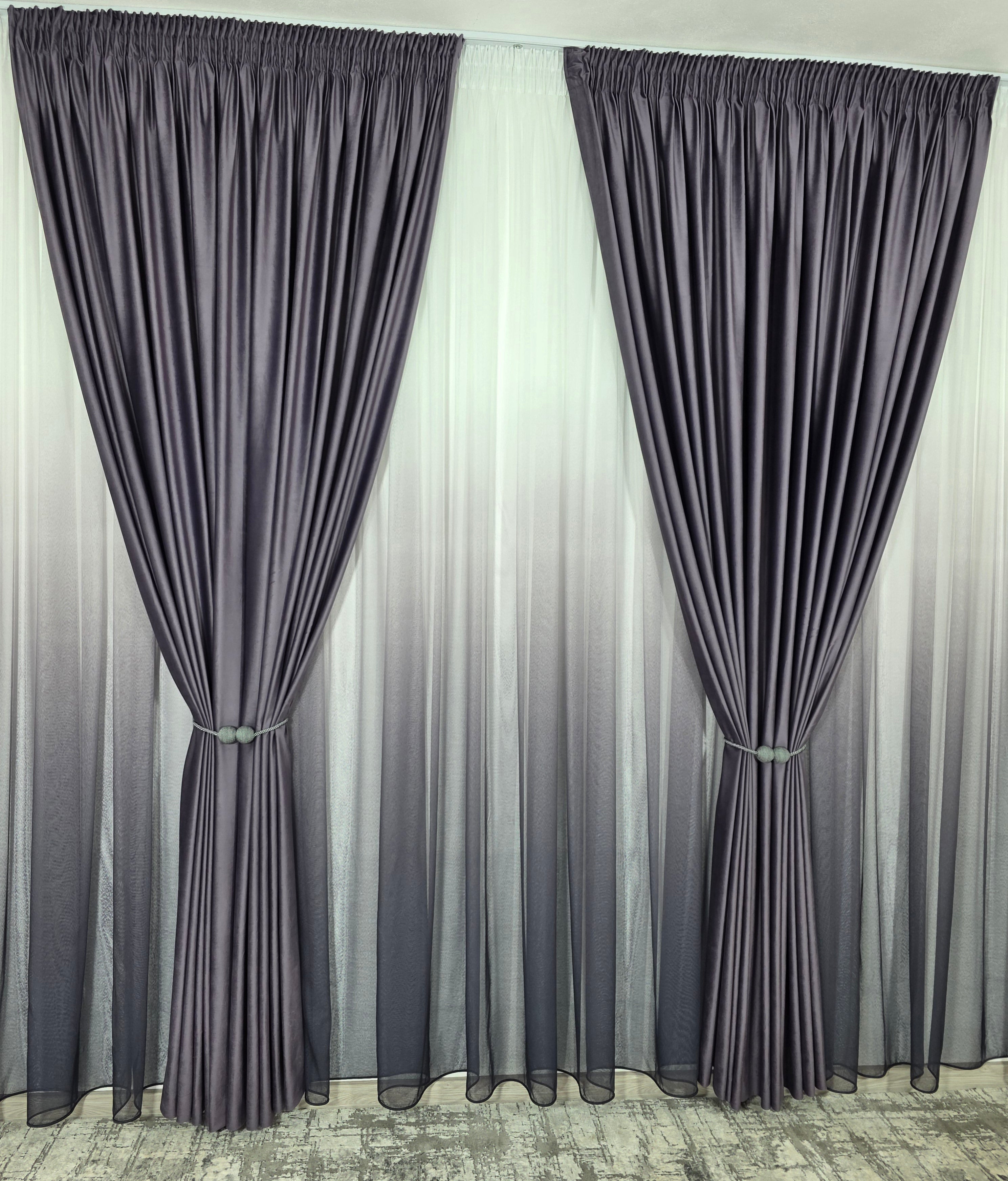 Set Rebeca: perdea bamboo degrade gri mov si draperie catifea mov blackout 98%