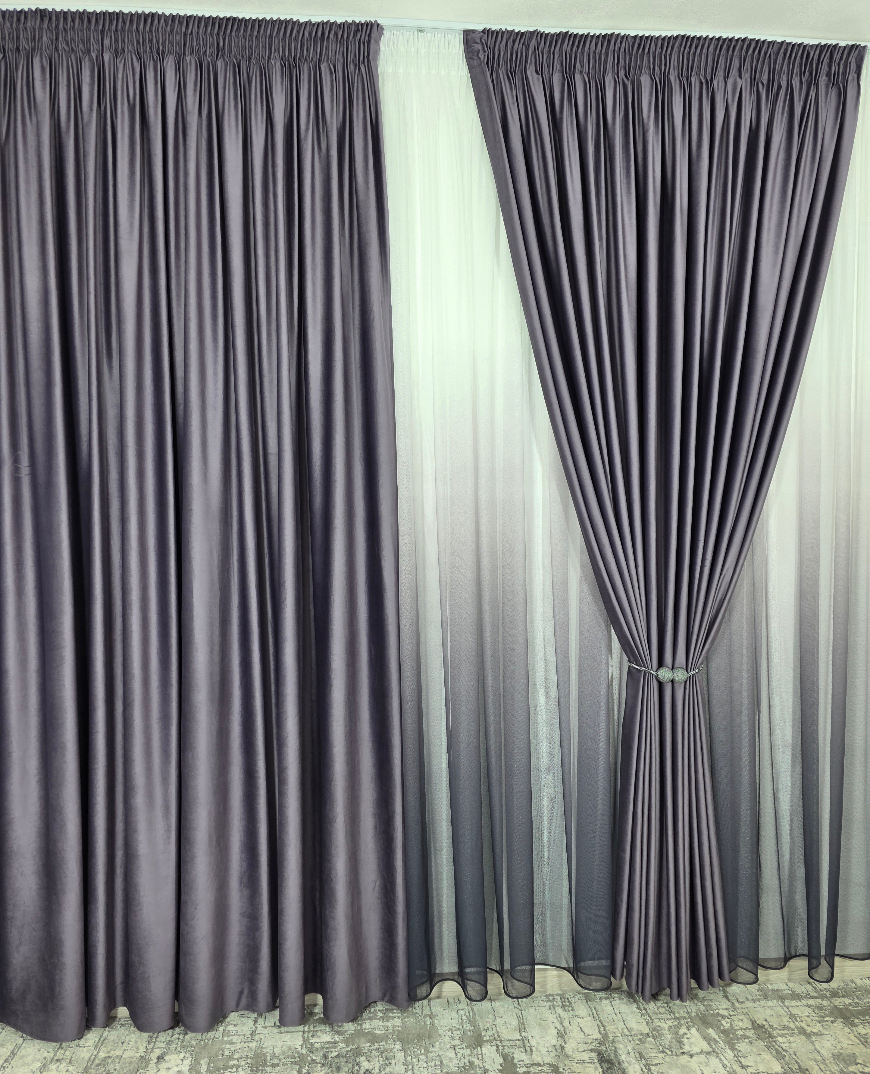 Set Rebeca: perdea bamboo degrade gri mov si draperie catifea mov blackout 98%
