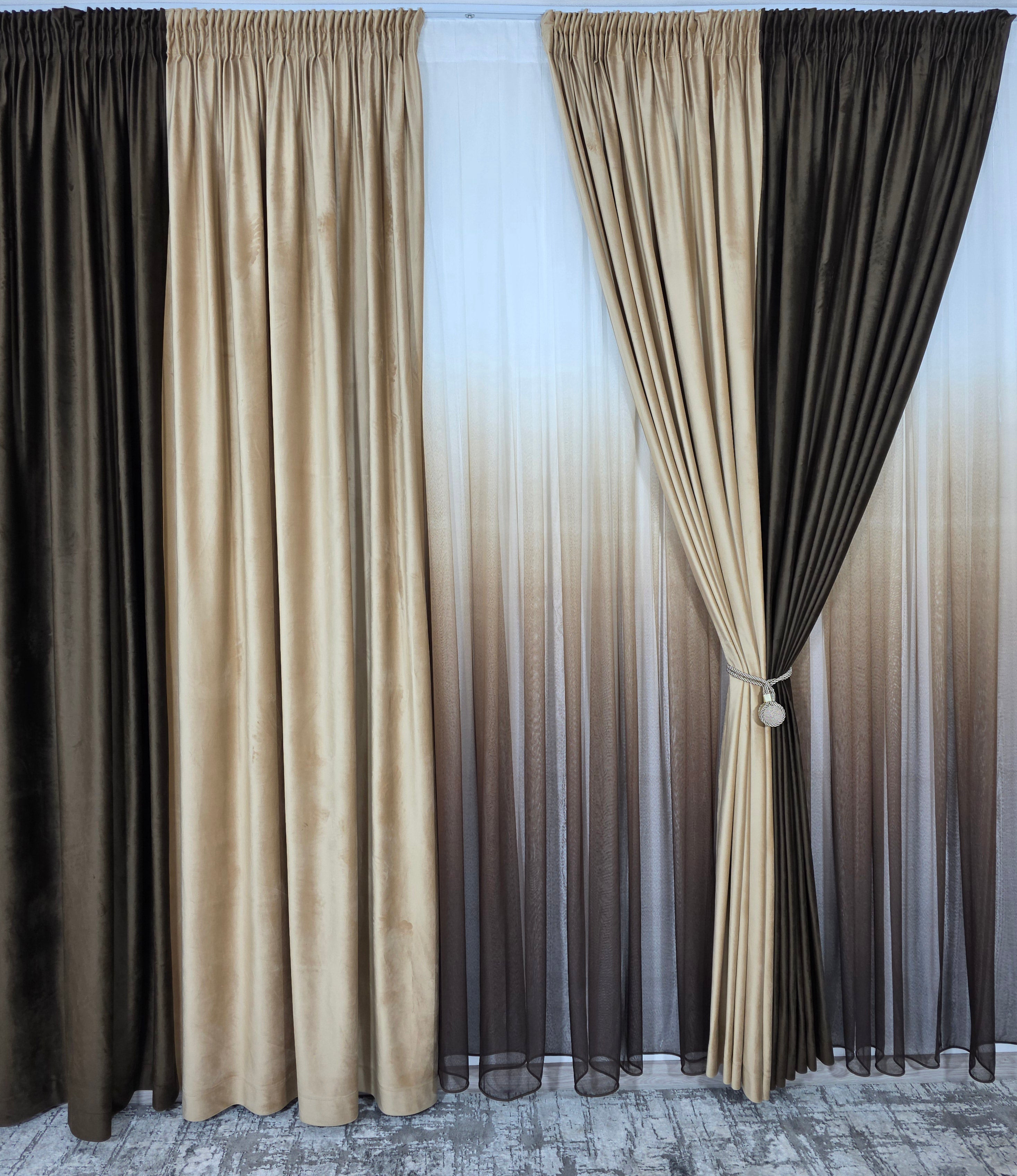 Set Selina: perdea bamboo degrade maro și draperie catifea in 2 culori blackout 98%