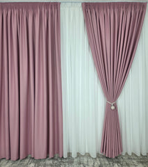 Set pentru Living si Dormitor in Nuante Crem, Roz Pudrat si Gri Deschis-Colectia Blackout Varianta BTN782 Perdea Alba Voal Premium Jorjet si Draperie Roz