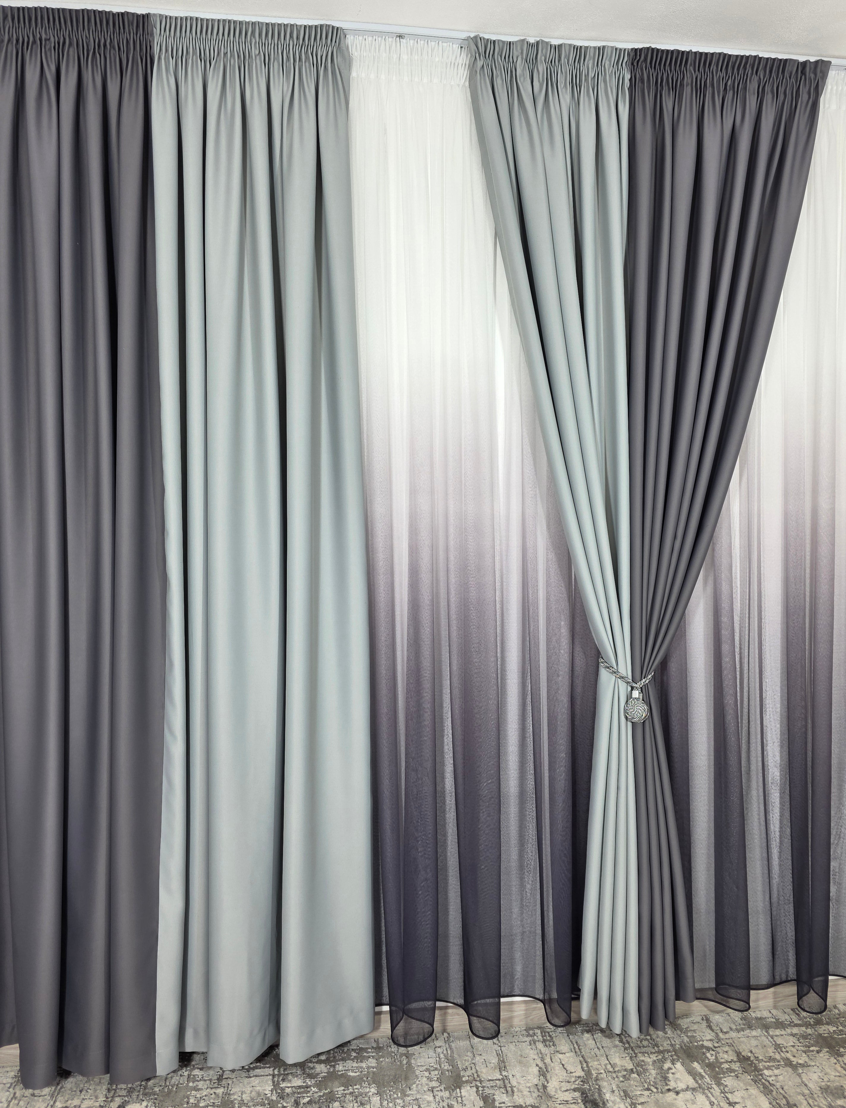 Set Ken: perdea bamboo degrade gri mov si draperie in 2 culori, nuante de gri blackout 90%