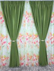 Set Primăvară în Verde: Perdea Din Voal Cu Model Floral Si Draperie Soft Verde Olive Semi-Opaca