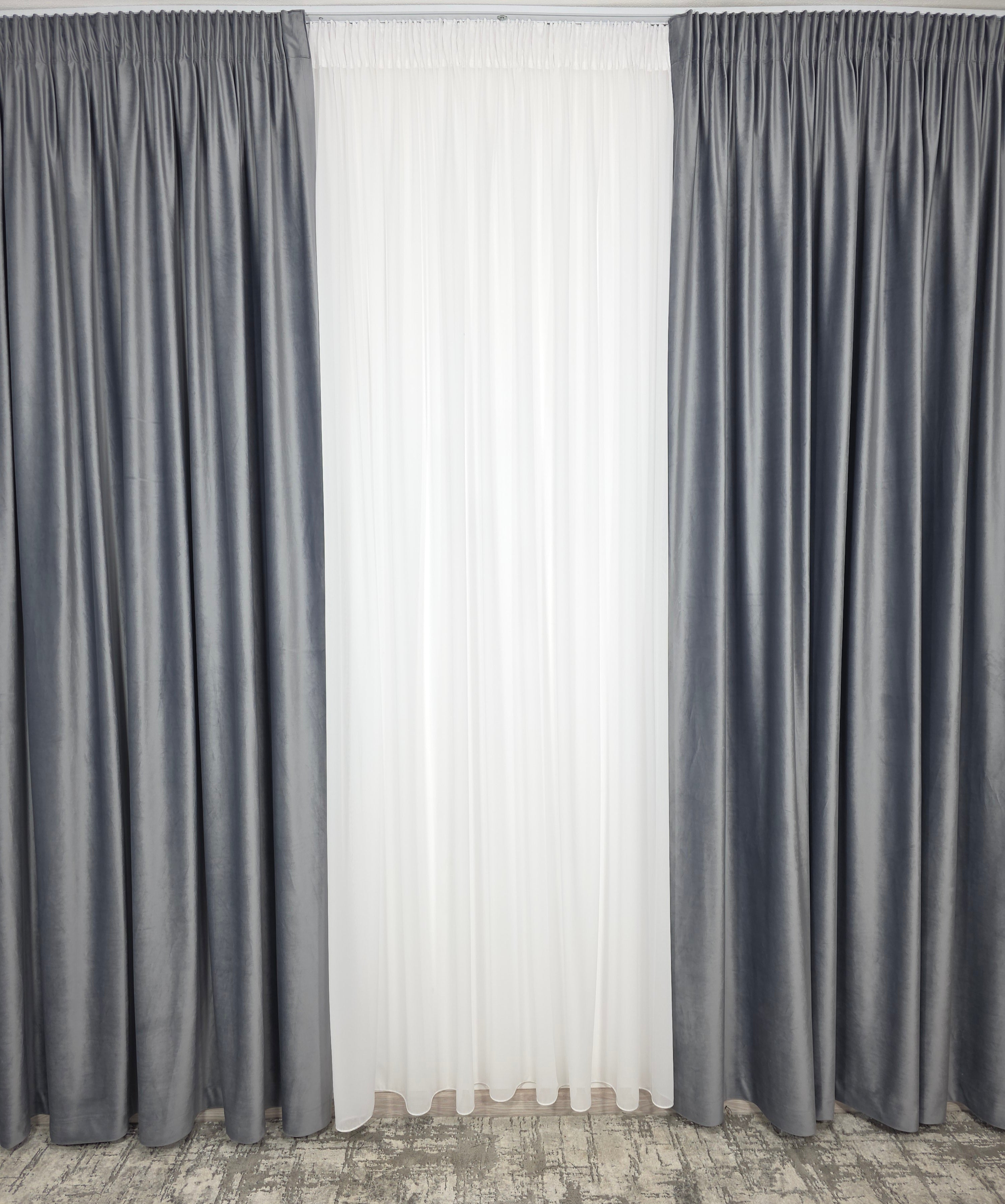 Set Gri Ciment: Perdea Voal Premium Si Draperie Catifea Gri Mediu